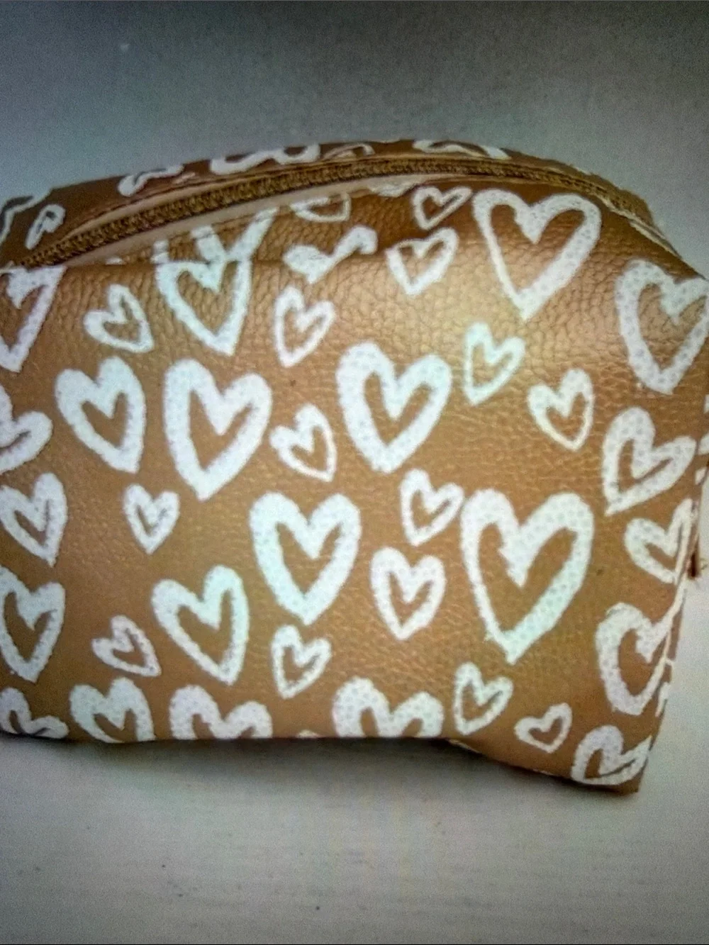 Be Bold As Your Lipstick Cosmetic Pouch - Tan with White Hearts